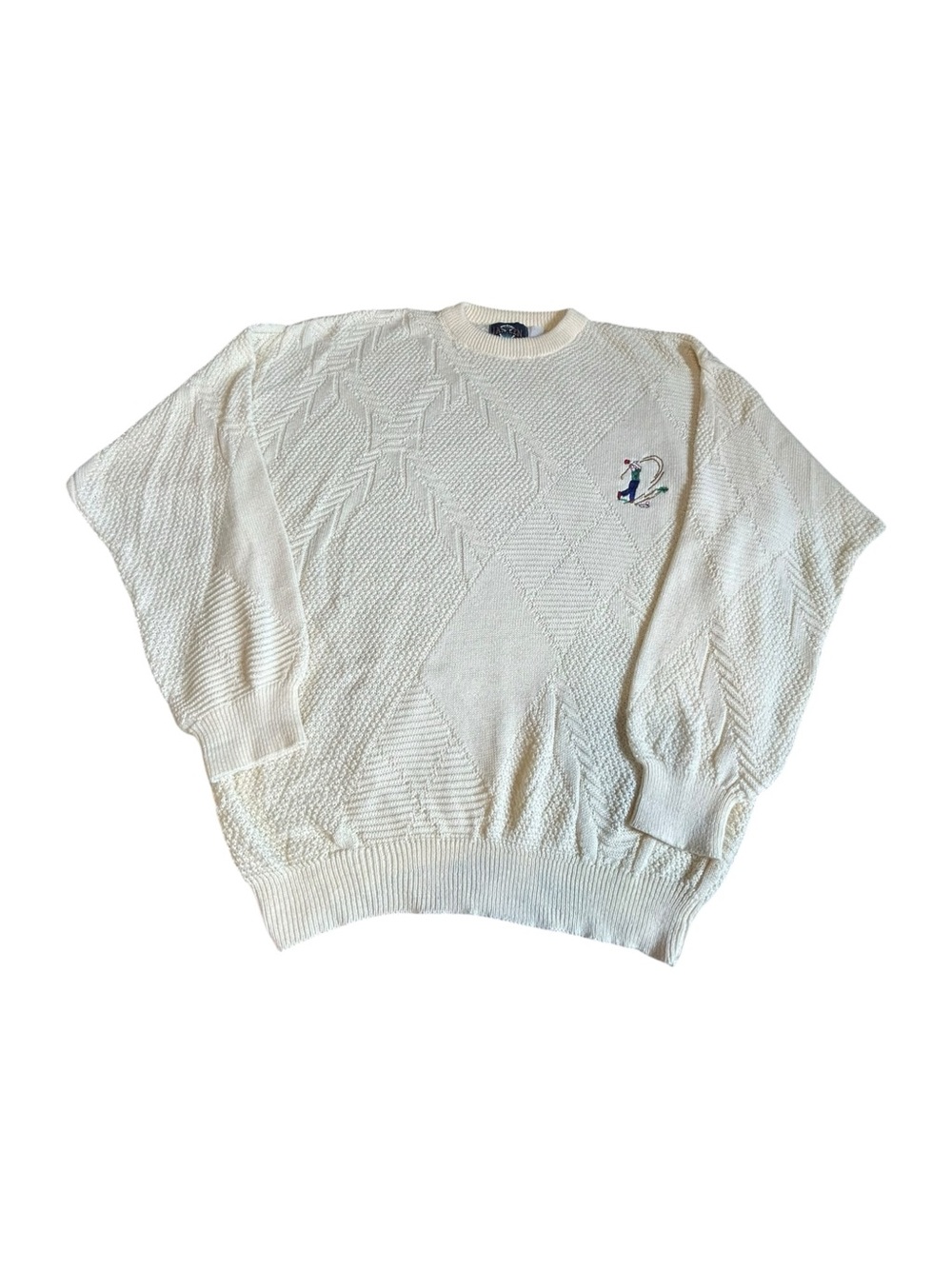 Vintage 90s Jantzen Golf Embroidered Golfer Cream Textured Knit Sweater XL